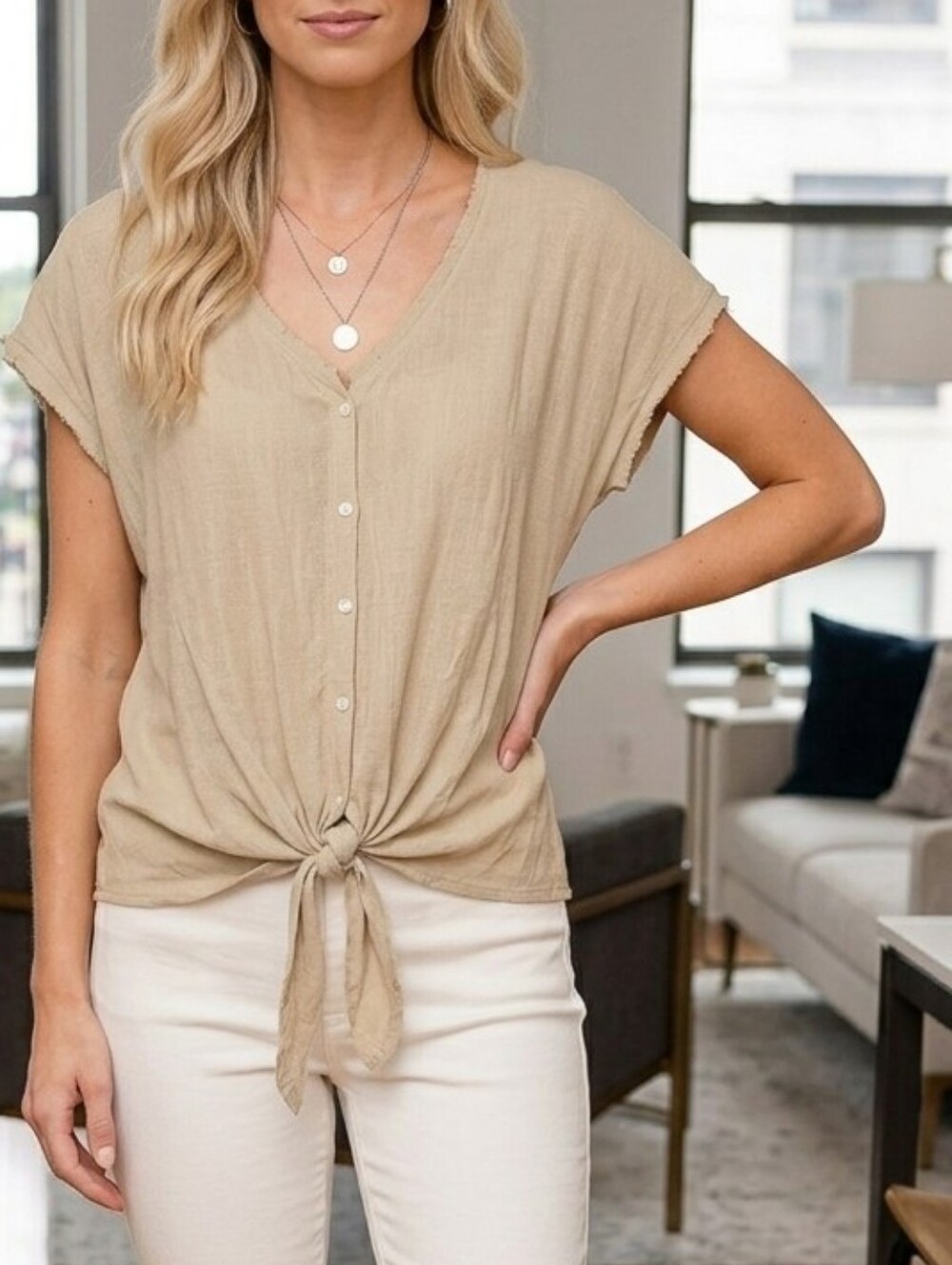 89th + Madison Linen Look Frayed Tie Front Button Blouse Top Tan Beige XS NWT